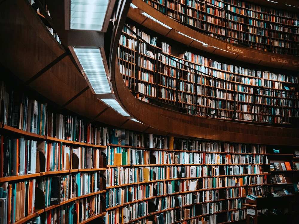 Een moderne bibliotheek met gebogen boekenwanden op twee verdiepingen