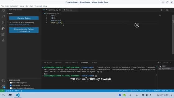 Een code-editor met een open terminal op NEXZOS.